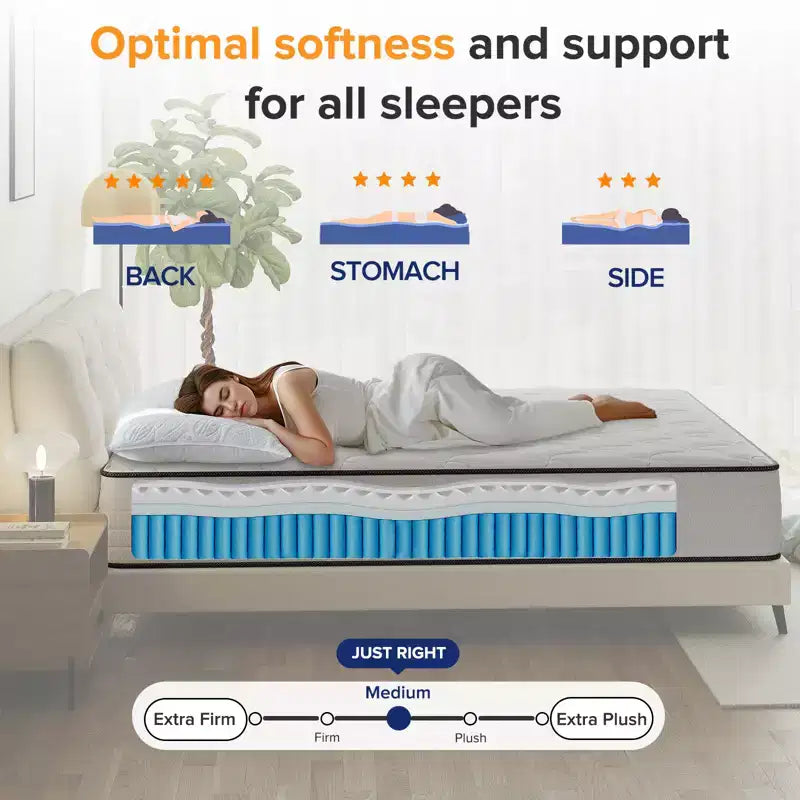 Matelas hybride respirant en mousse à mémoire de forme rafraîchissante, fermeté moyenne, livré compressé dans une boîte, blanc