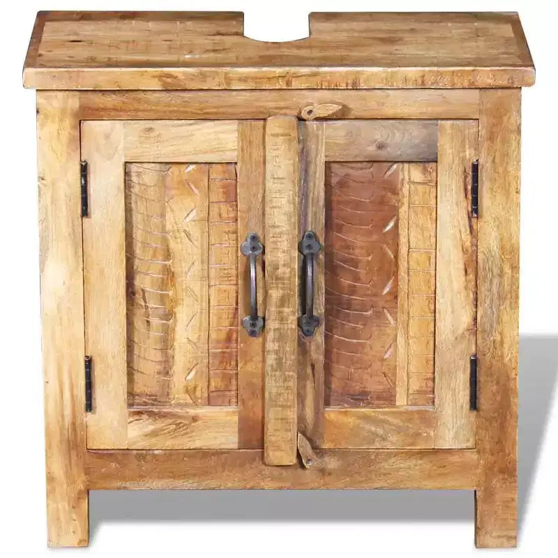 Meuble-lavabo de salle de bain en manguier massif avec miroir de style antique – Unique, robuste, meuble de 60 cm avec 2 étagères et variation de grain de bois