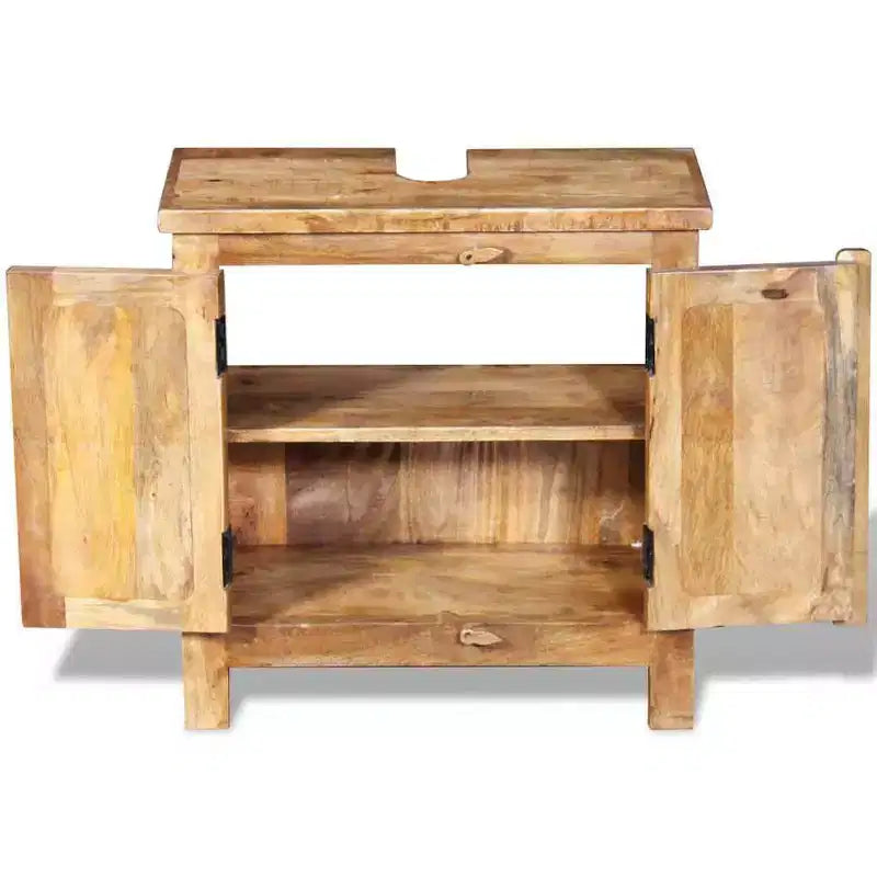 Meuble-lavabo de salle de bain en manguier massif avec miroir de style antique – Unique, robuste, meuble de 60 cm avec 2 étagères et variation de grain de bois