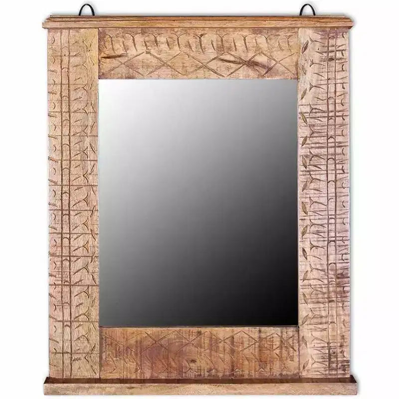 Meuble-lavabo de salle de bain en manguier massif avec miroir de style antique – Unique, robuste, meuble de 60 cm avec 2 étagères et variation de grain de bois