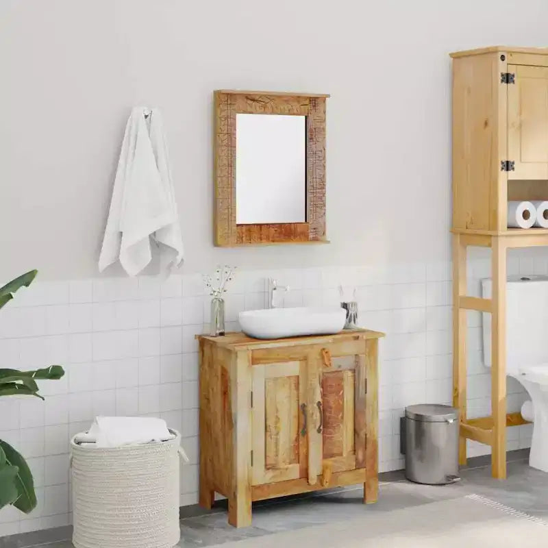 Solid Mango Wood Bathroom Vanity Cabinet with Antique-Style Mirror - Unique, Sturdy, 23.6 Cabinet with 2 Shelves and Wood Grain Variation
