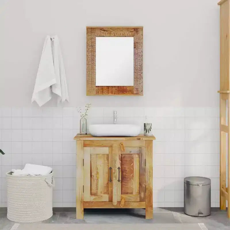 Meuble-lavabo de salle de bain en manguier massif avec miroir de style antique – Unique, robuste, meuble de 60 cm avec 2 étagères et variation de grain de bois