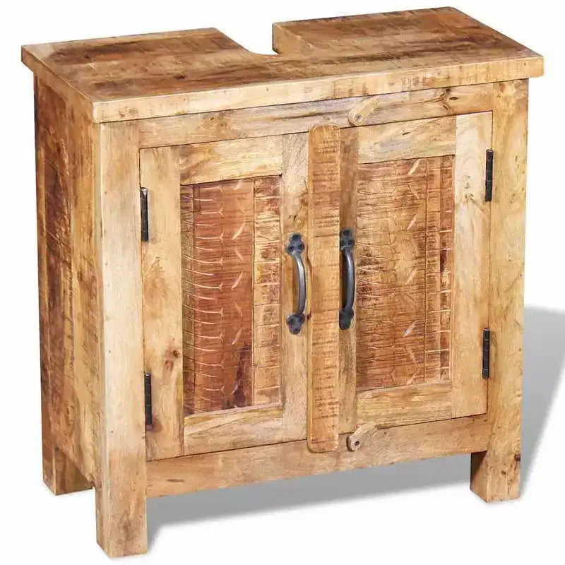 Solid Mango Wood Bathroom Vanity Cabinet with Antique-Style Mirror - Unique, Sturdy, 23.6 Cabinet with 2 Shelves and Wood Grain Variation