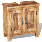 Meuble-lavabo de salle de bain en manguier massif avec miroir de style antique – Unique, robuste, meuble de 60 cm avec 2 étagères et variation de grain de bois