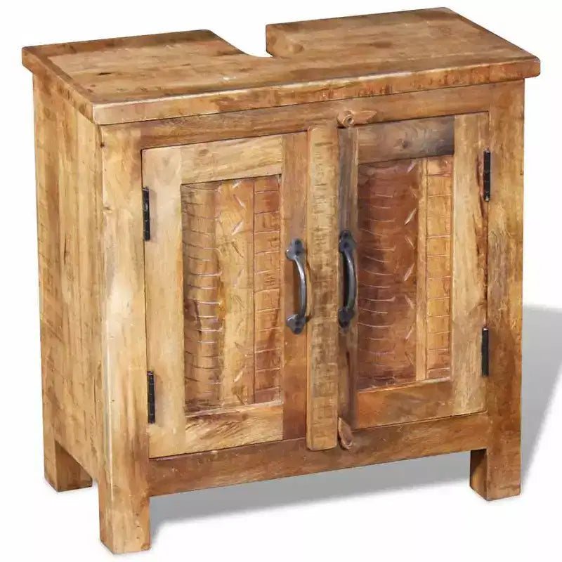 Meuble-lavabo de salle de bain en manguier massif avec miroir de style antique – Unique, robuste, meuble de 60 cm avec 2 étagères et variation de grain de bois