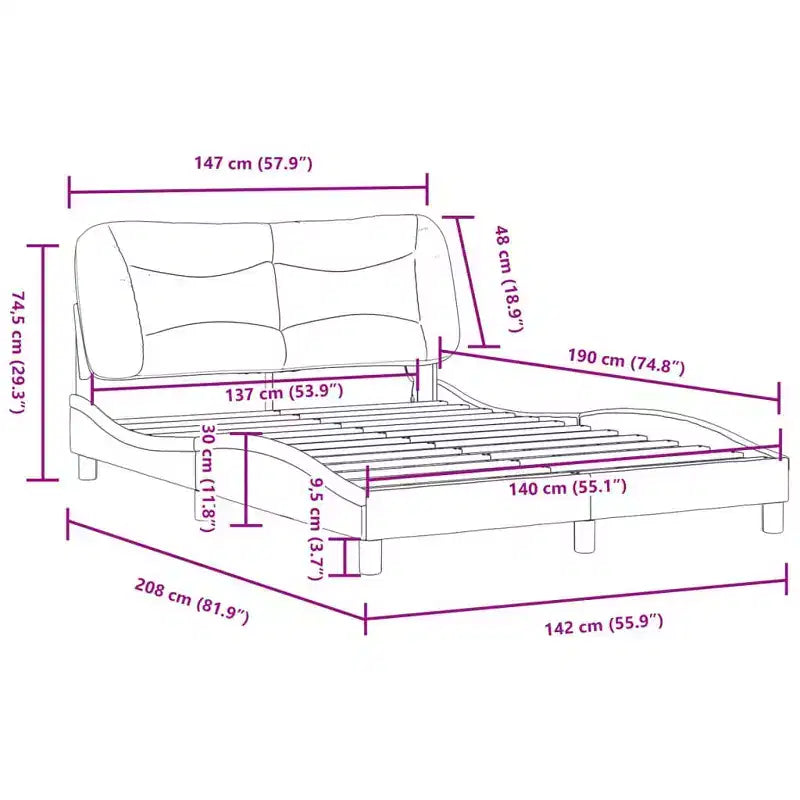Cadre de Lit Double LED Noir/Blanc - 137x190 cm avec Finition en Similicuir, Lattes en Contreplaqué et Tête de Lit Rembourrée Confortable