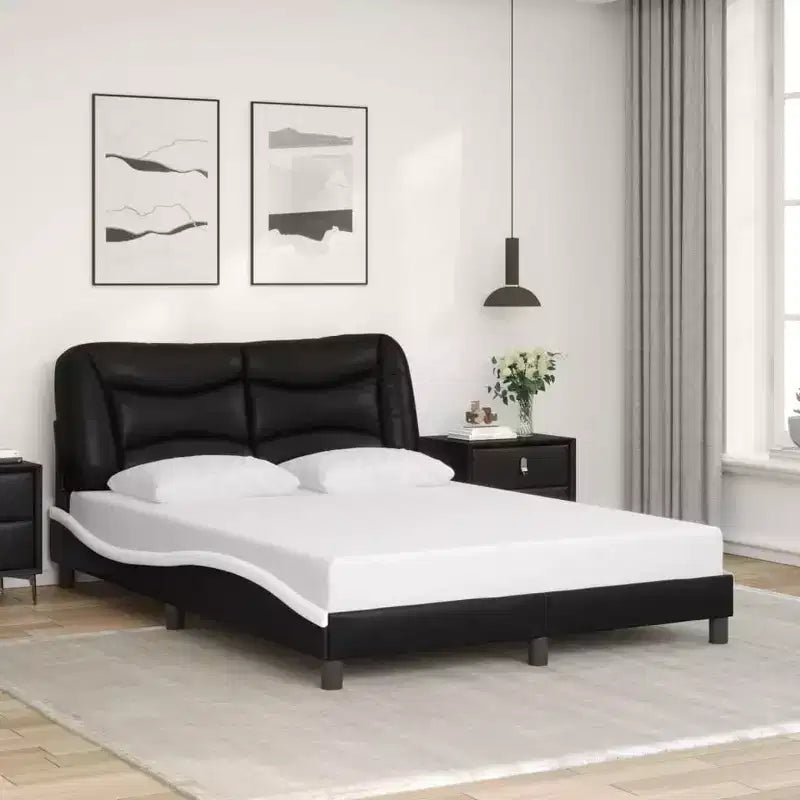 Cadre de Lit Double LED Noir/Blanc - 137x190 cm avec Finition en Similicuir, Lattes en Contreplaqué et Tête de Lit Rembourrée Confortable