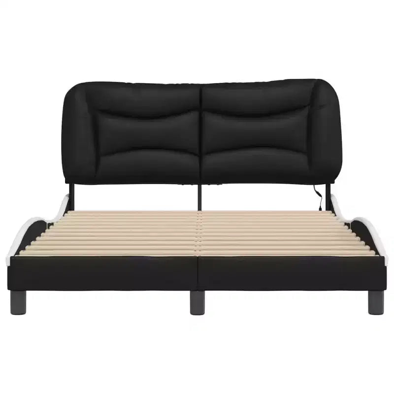 Cadre de Lit Double LED Noir/Blanc - 137x190 cm avec Finition en Similicuir, Lattes en Contreplaqué et Tête de Lit Rembourrée Confortable
