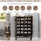 Grand meuble à chaussures avec 2 portes, 6 étagères réglables, organiseur de chaussures autoportant pour entrée avec crochets, marron
