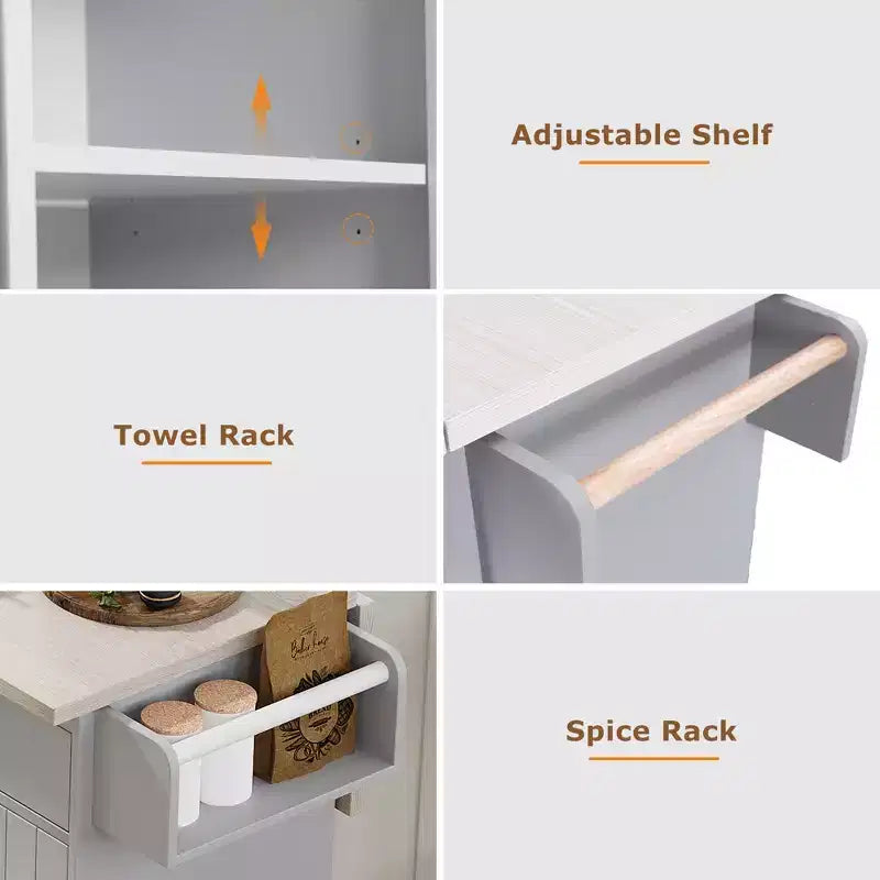 Îlot de cuisine roulant avec armoire de rangement pour poubelle, chariot de cuisine avec abattant, porte-épices, porte-serviettes et tiroir