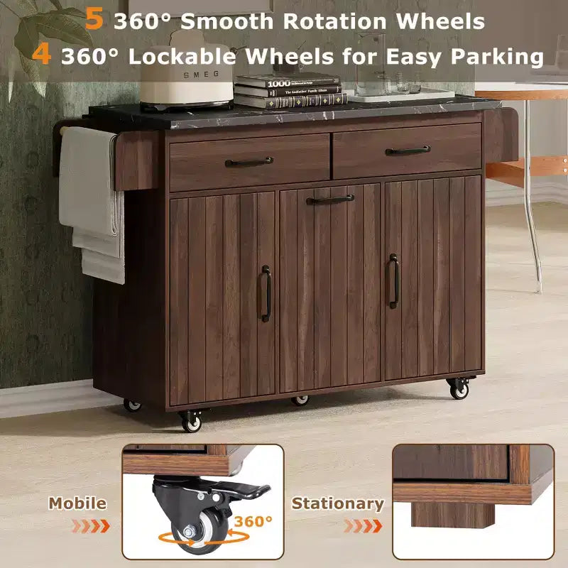 Îlot de cuisine roulant avec armoire de rangement pour poubelle, chariot de cuisine avec abattant, porte-épices, porte-serviettes et tiroir