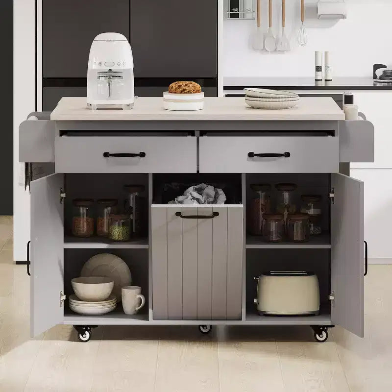 Îlot de cuisine roulant avec armoire de rangement pour poubelle, chariot de cuisine avec abattant, porte-épices, porte-serviettes et tiroir