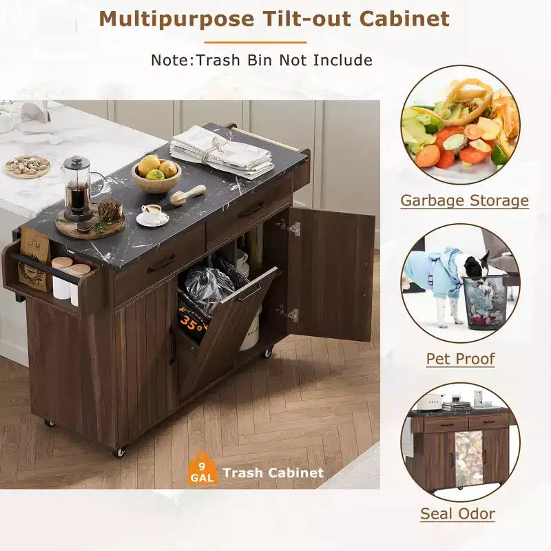 Îlot de cuisine roulant avec armoire de rangement pour poubelle, chariot de cuisine avec abattant, porte-épices, porte-serviettes et tiroir