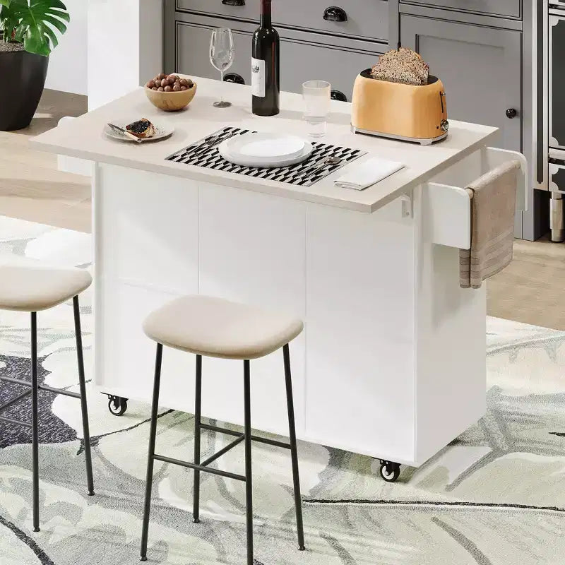 Îlot de cuisine roulant avec armoire de rangement pour poubelle, chariot de cuisine avec abattant, porte-épices, porte-serviettes et tiroir