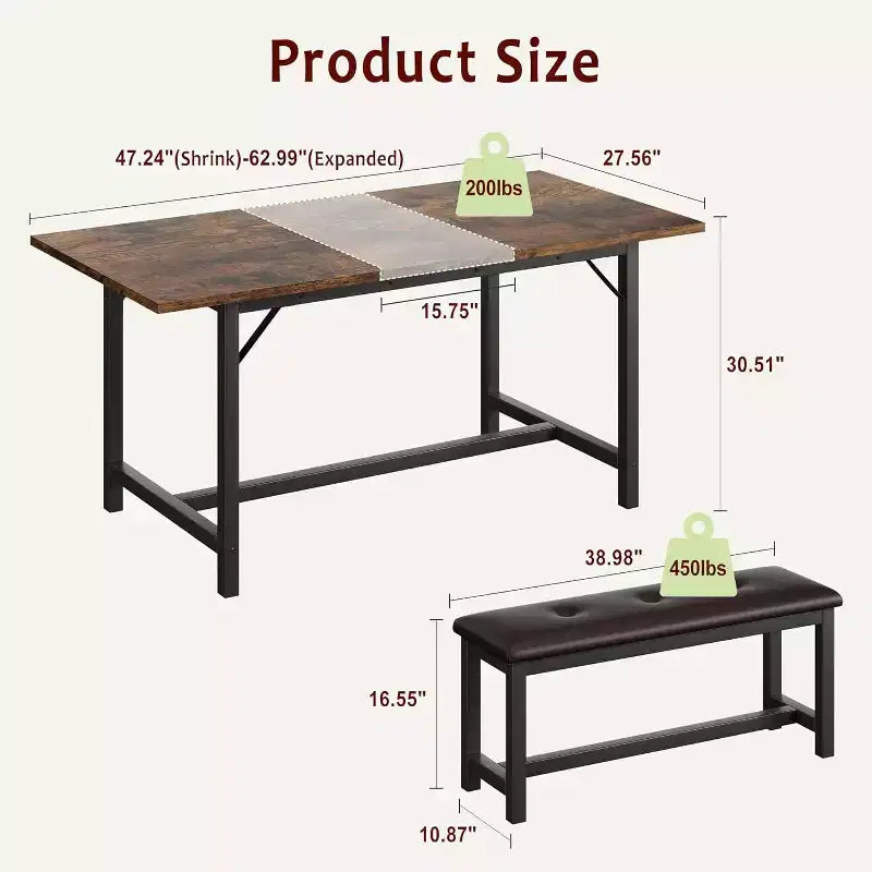 Farmhouse Extendable Dining Table for 4/6, Large Dining Table with Two Upholstered Benches, for Home, Dining Room Rustic Brown