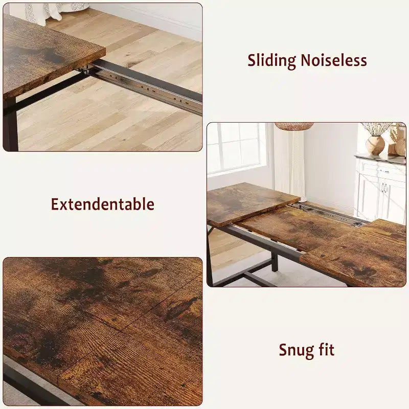 Farmhouse Extendable Dining Table for 4/6, Large Dining Table with Two Upholstered Benches, for Home, Dining Room Rustic Brown
