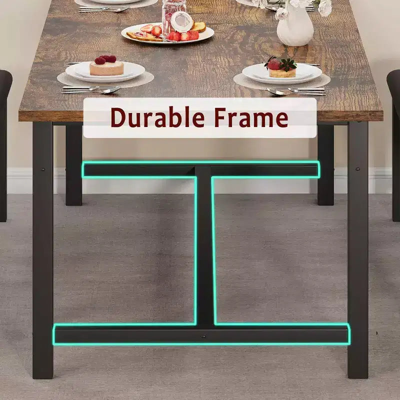Farmhouse Extendable Dining Table for 4/6, Large Dining Table with Two Upholstered Benches, for Home, Dining Room Rustic Brown