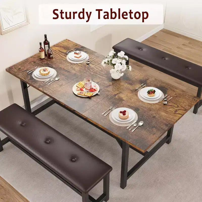 Farmhouse Extendable Dining Table for 4/6, Large Dining Table with Two Upholstered Benches, for Home, Dining Room Rustic Brown