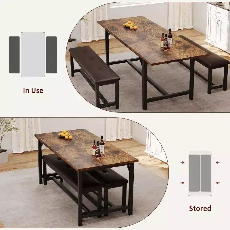 Table à manger extensible de ferme pour 4/6 personnes, grande table à manger avec deux bancs rembourrés, pour la maison, salle à manger, marron rustique