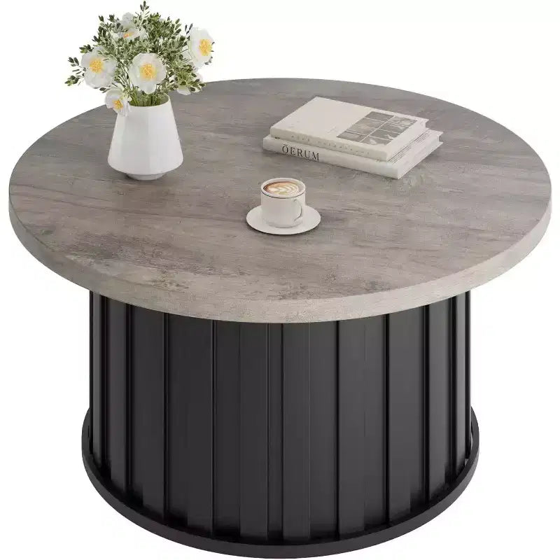Table basse ronde moderne, forme champignon cannelée, plateau en MDF, base en métal noir, 31,9, assemblage facile