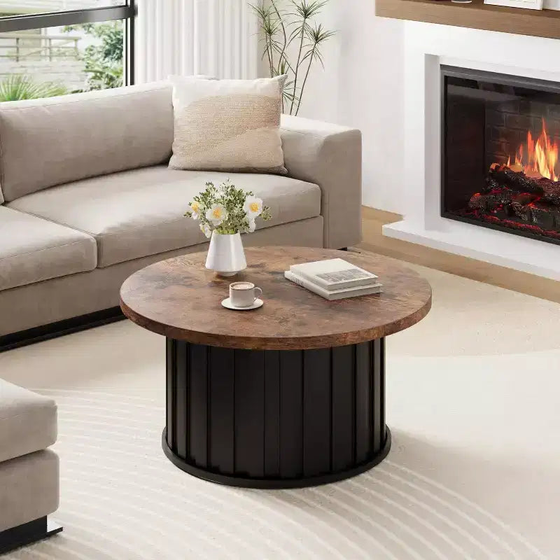 Table basse ronde moderne, forme champignon cannelée, plateau en MDF, base en métal noir, 31,9, assemblage facile