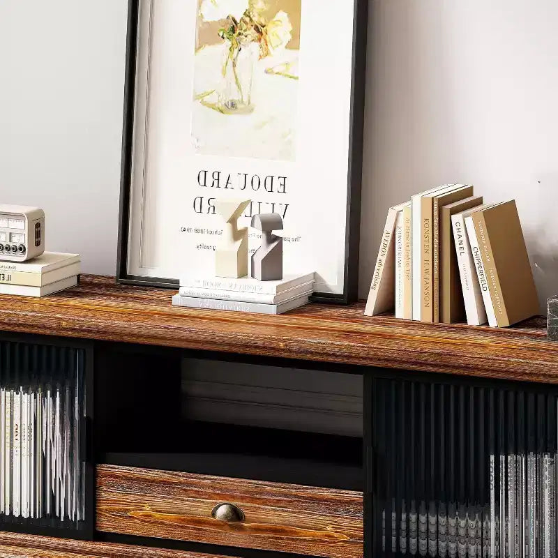 Meuble TV moderne, console média en bois de sapin et fer, grand tiroir de rangement, étagère ouverte, convient aux TV jusqu'à 55 pouces, 62,99 x 15,75 x 18,70