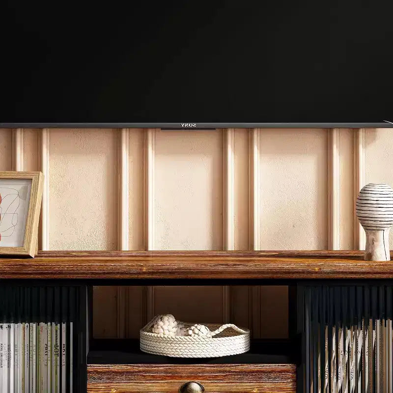 Meuble TV moderne, console média en bois de sapin et fer, grand tiroir de rangement, étagère ouverte, convient aux TV jusqu'à 55 pouces, 62,99 x 15,75 x 18,70