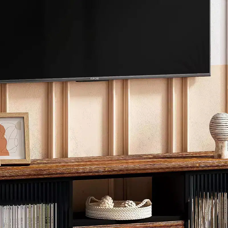 Meuble TV moderne, console média en bois de sapin et fer, grand tiroir de rangement, étagère ouverte, convient aux TV jusqu'à 55 pouces, 62,99 x 15,75 x 18,70