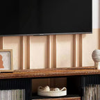 Meuble TV moderne, console média en bois de sapin et fer, grand tiroir de rangement, étagère ouverte, convient aux TV jusqu'à 55 pouces, 62,99 x 15,75 x 18,70