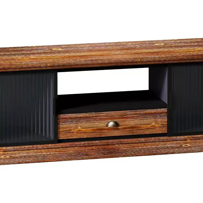 Meuble TV moderne, console média en bois de sapin et fer, grand tiroir de rangement, étagère ouverte, convient aux TV jusqu'à 55 pouces, 62,99 x 15,75 x 18,70