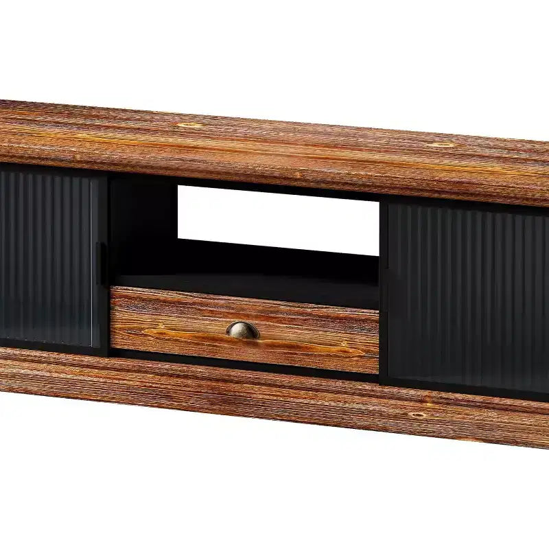 Meuble TV moderne, console média en bois de sapin et fer, grand tiroir de rangement, étagère ouverte, convient aux TV jusqu'à 55 pouces, 62,99 x 15,75 x 18,70