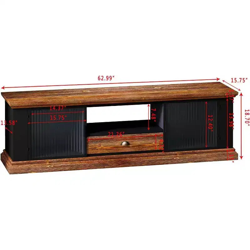 Meuble TV moderne, console média en bois de sapin et fer, grand tiroir de rangement, étagère ouverte, convient aux TV jusqu'à 55 pouces, 62,99 x 15,75 x 18,70