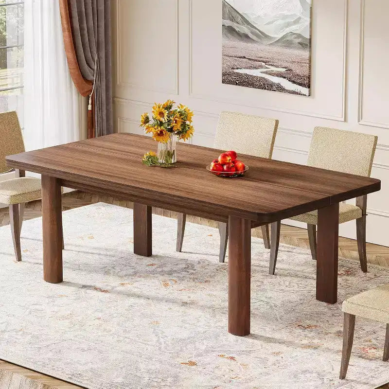 Farmhouse Wood Dining Table for 4-6 People, Large Rectangle Kitchen Table, with Solid Wood Legs for Dining Room, Brown