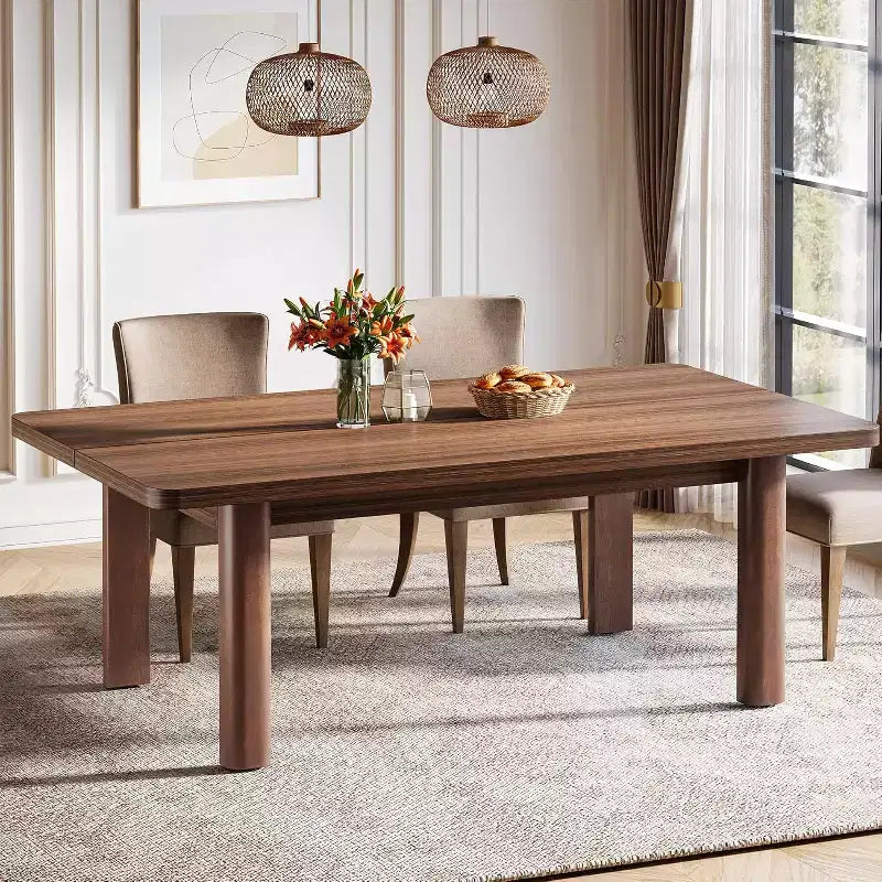 Farmhouse Wood Dining Table for 4-6 People, Large Rectangle Kitchen Table, with Solid Wood Legs for Dining Room, Brown