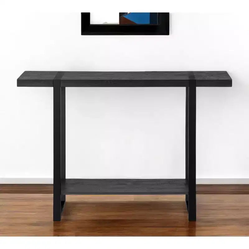 47 Black Wood and Metal Distressed Sled Console Table With Shelf
