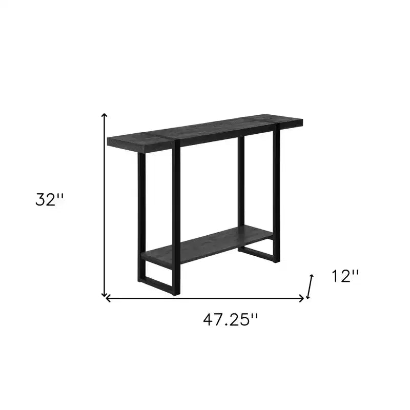 47 Black Wood and Metal Distressed Sled Console Table With Shelf