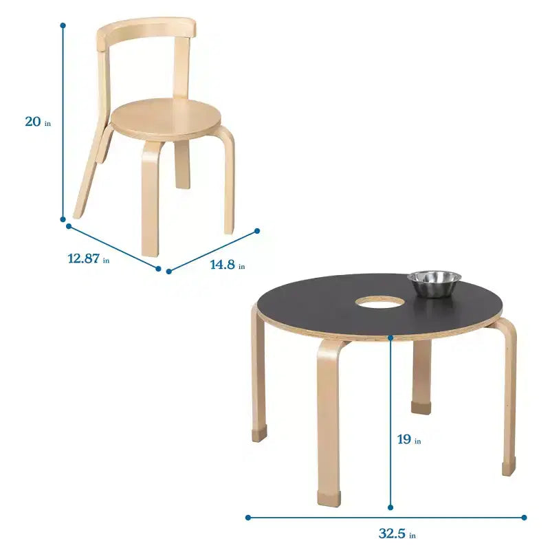 Round Bentwood Chalkboard Table and Curved Back Chair, Kids Furniture, Natural, 5-Piece
