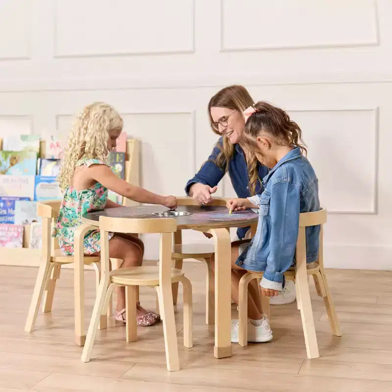Round Bentwood Chalkboard Table and Curved Back Chair, Kids Furniture, Natural, 5-Piece