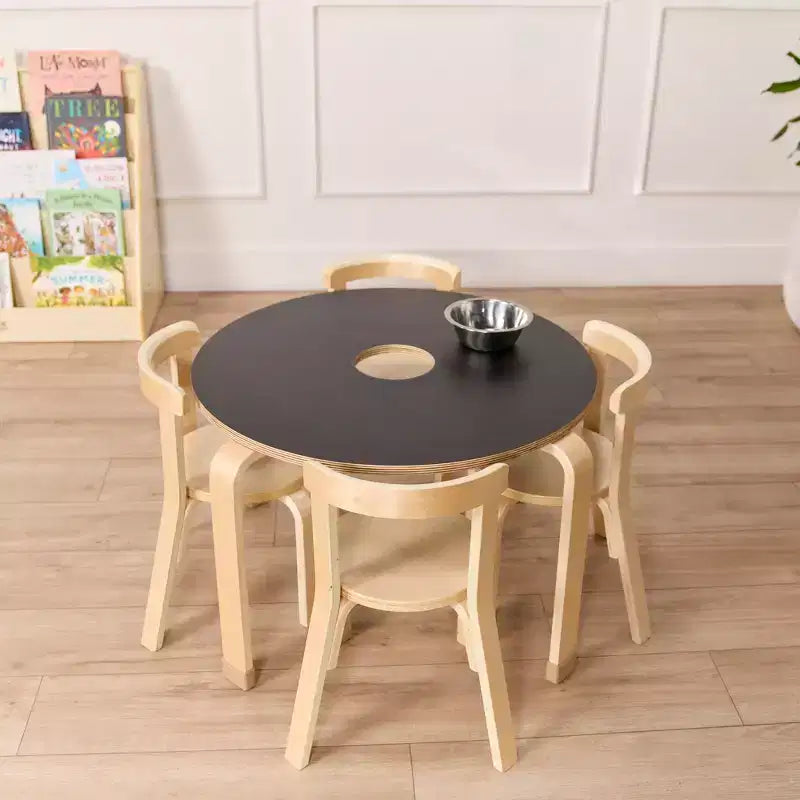 Round Bentwood Chalkboard Table and Curved Back Chair, Kids Furniture, Natural, 5-Piece