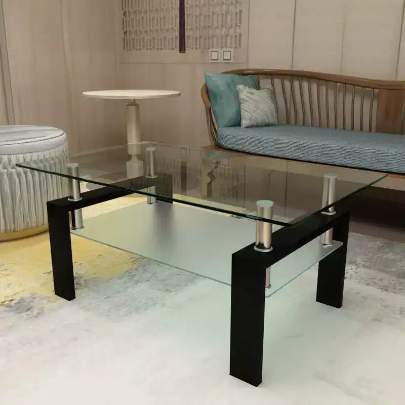 Table basse Henri rectangulaire en verre trempé et fer forgé avec étagère