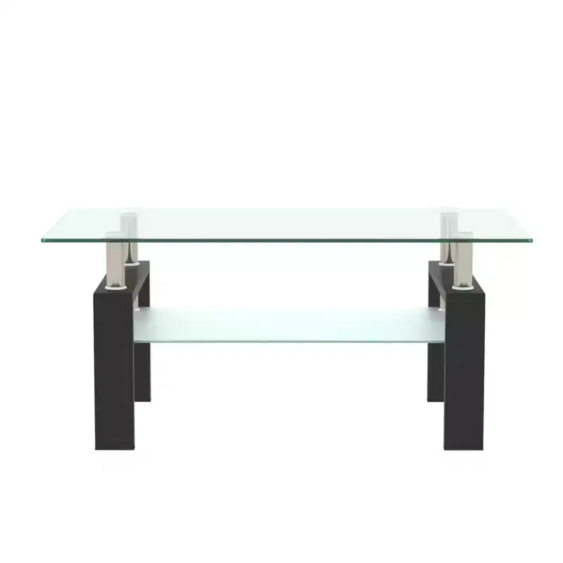 Table basse Henri rectangulaire en verre trempé et fer forgé avec étagère