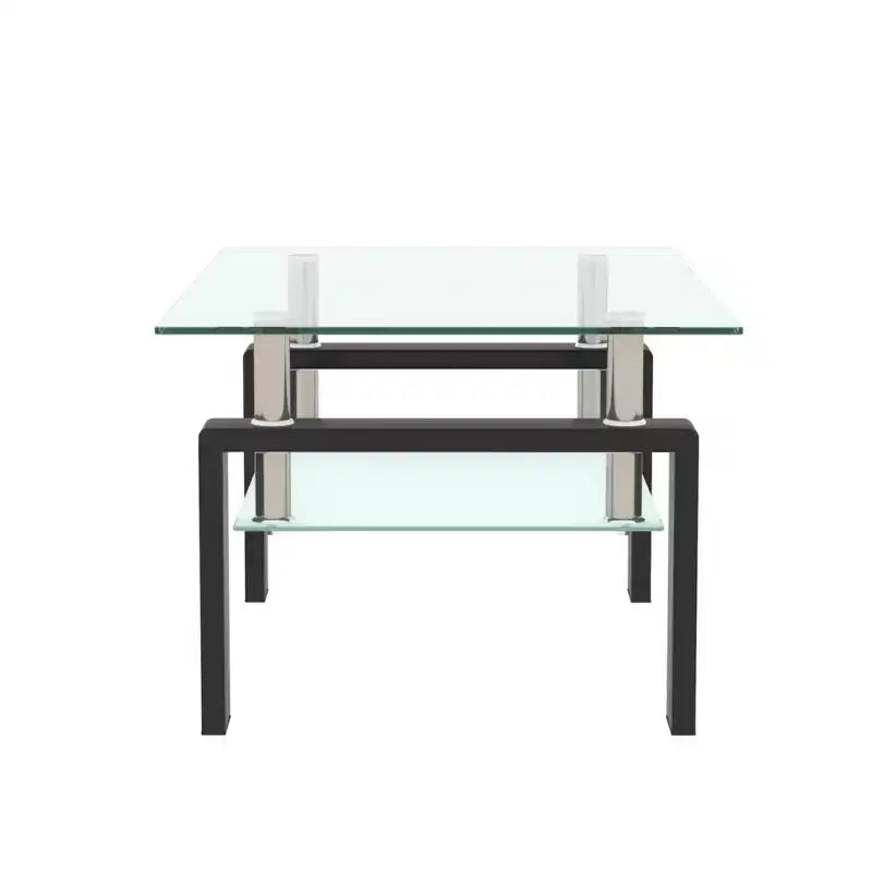 Table basse Henri rectangulaire en verre trempé et fer forgé avec étagère