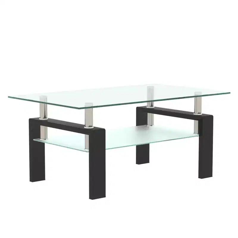 Table basse Henri rectangulaire en verre trempé et fer forgé avec étagère