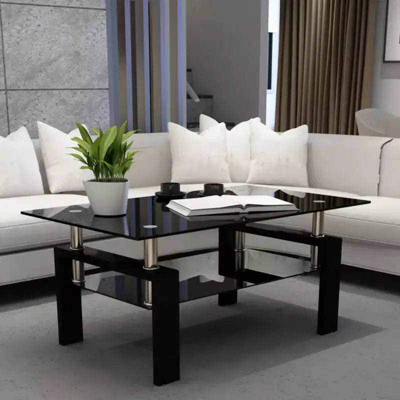 Table basse Henri rectangulaire en verre trempé et fer forgé avec étagère