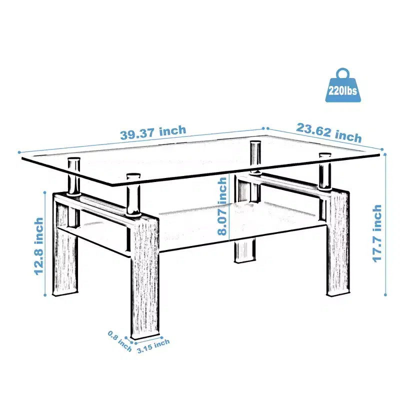Table basse Henri rectangulaire en verre trempé et fer forgé avec étagère