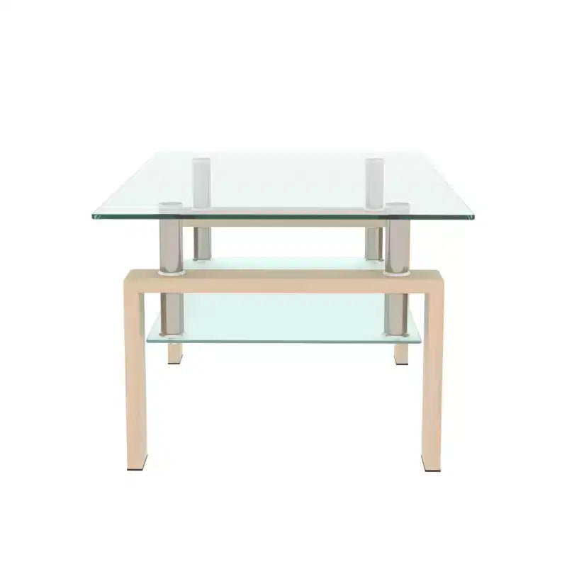 Table basse Henri rectangulaire en verre trempé et fer forgé avec étagère