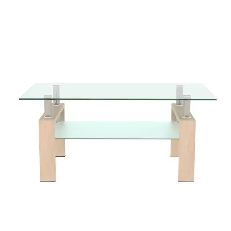 Table basse Henri rectangulaire en verre trempé et fer forgé avec étagère