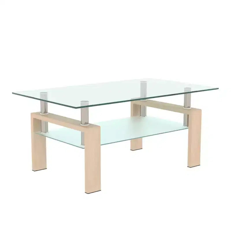 Table basse Henri rectangulaire en verre trempé et fer forgé avec étagère