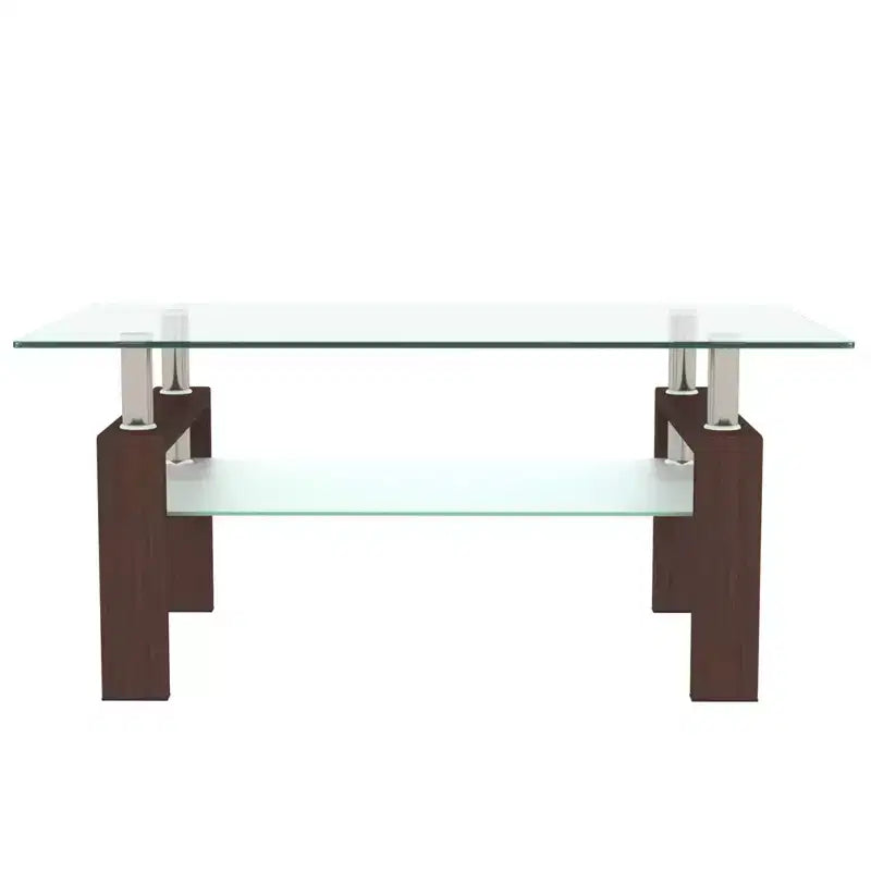 Table basse Henri rectangulaire en verre trempé et fer forgé avec étagère