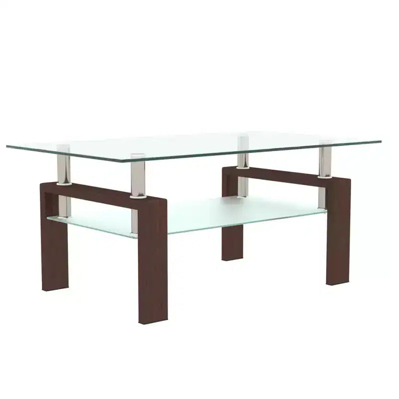 Table basse Henri rectangulaire en verre trempé et fer forgé avec étagère